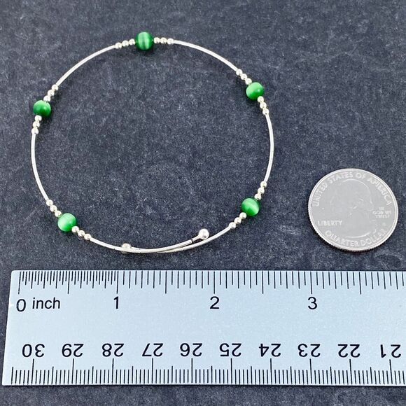 Memory Wire Green Cat's Eye Bracelet | Sterling Silver 925 | 7.5" - Picture 3 of 4